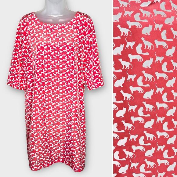 GAP Coral & White Kitty Cat Shift Dress Size Medium Novelty Print Summer - Picture 2 of 6
